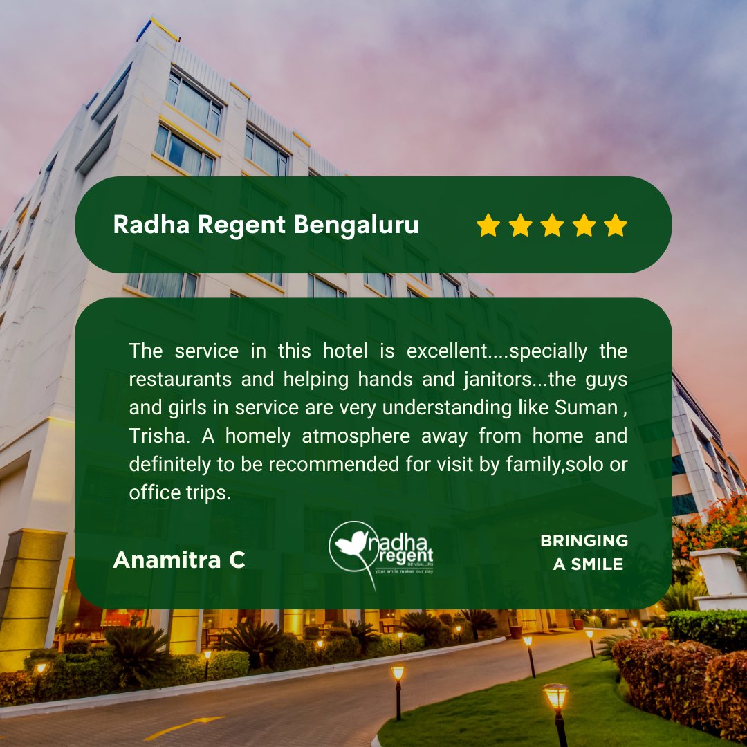 RadhaRegent_Blr's tweet image. We're truly humbled by the love and positive response from our cherished guests! Thank you for making Hotel Radha Regent shine. 

Your smile truly makes our day! 😊

#radharegent #customerreview #positiveresponse #happycustomer #yoursmilemakesourday