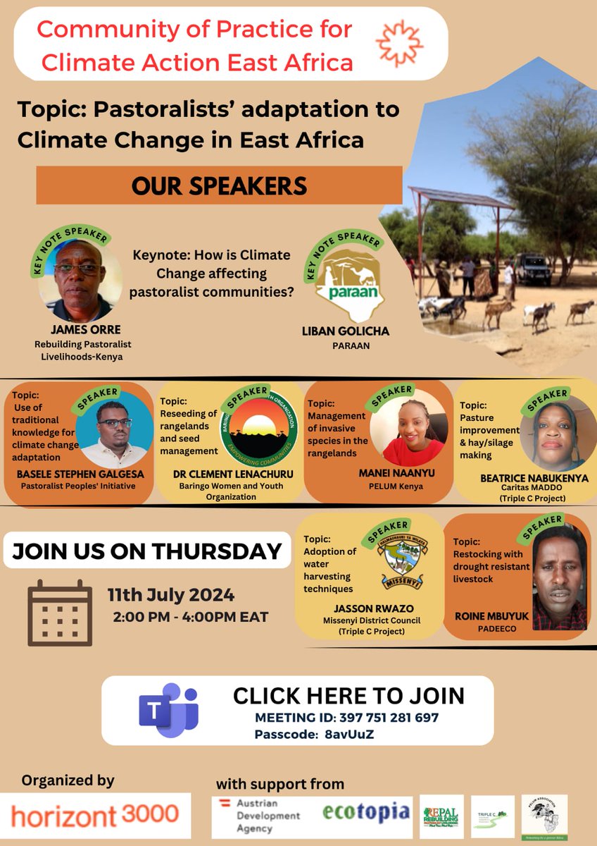 Webinar Alert on Thursday, 11th July 2024 from 2PM‼️

Join us for an insightful event on "Pastoralists’ Adaptation to Climate Change in East Africa" hosted by the Community of Practice for Climate Action East Africa.

Here is the link👇
teams.microsoft.com/l/meetup-join/…