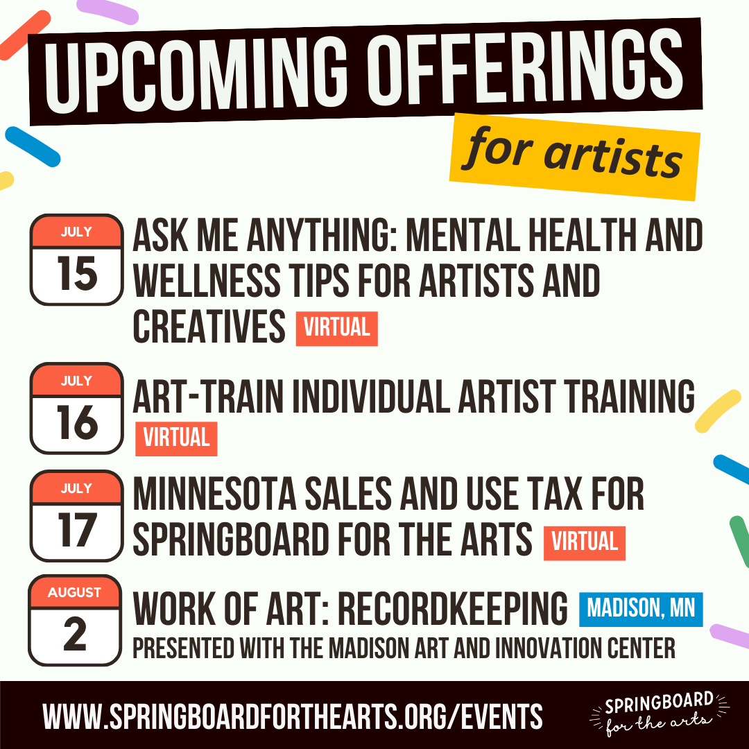 SpringboardArts's tweet image. Coming up at Springboard! ➡️
Looking for resources to tend to your artistic practice or creative business? Or are you an organization interested in connecting and collaborating more deeply with artists? We have plenty of virtual and in-person offerings: springboardforthearts.org/events/
