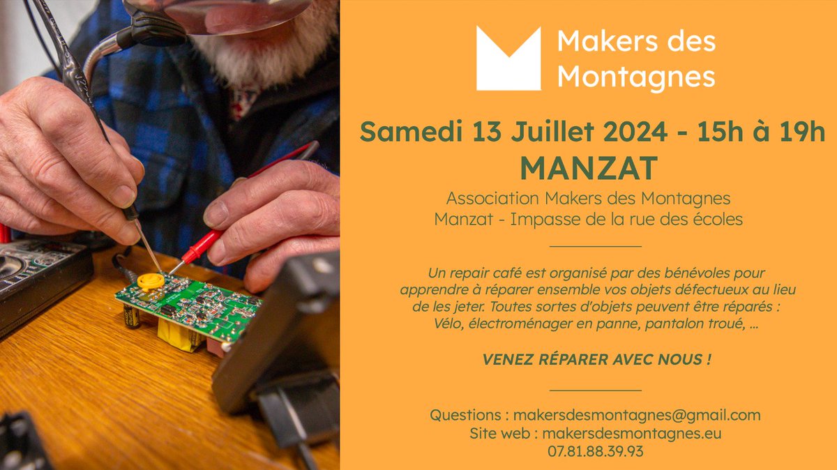 Samedi c'est repair'Café à Manzat. 
Électronique, couture, objet cassé, électroménager... Venez réparer avec nous vos objets du quotidien. Partage apprécié.