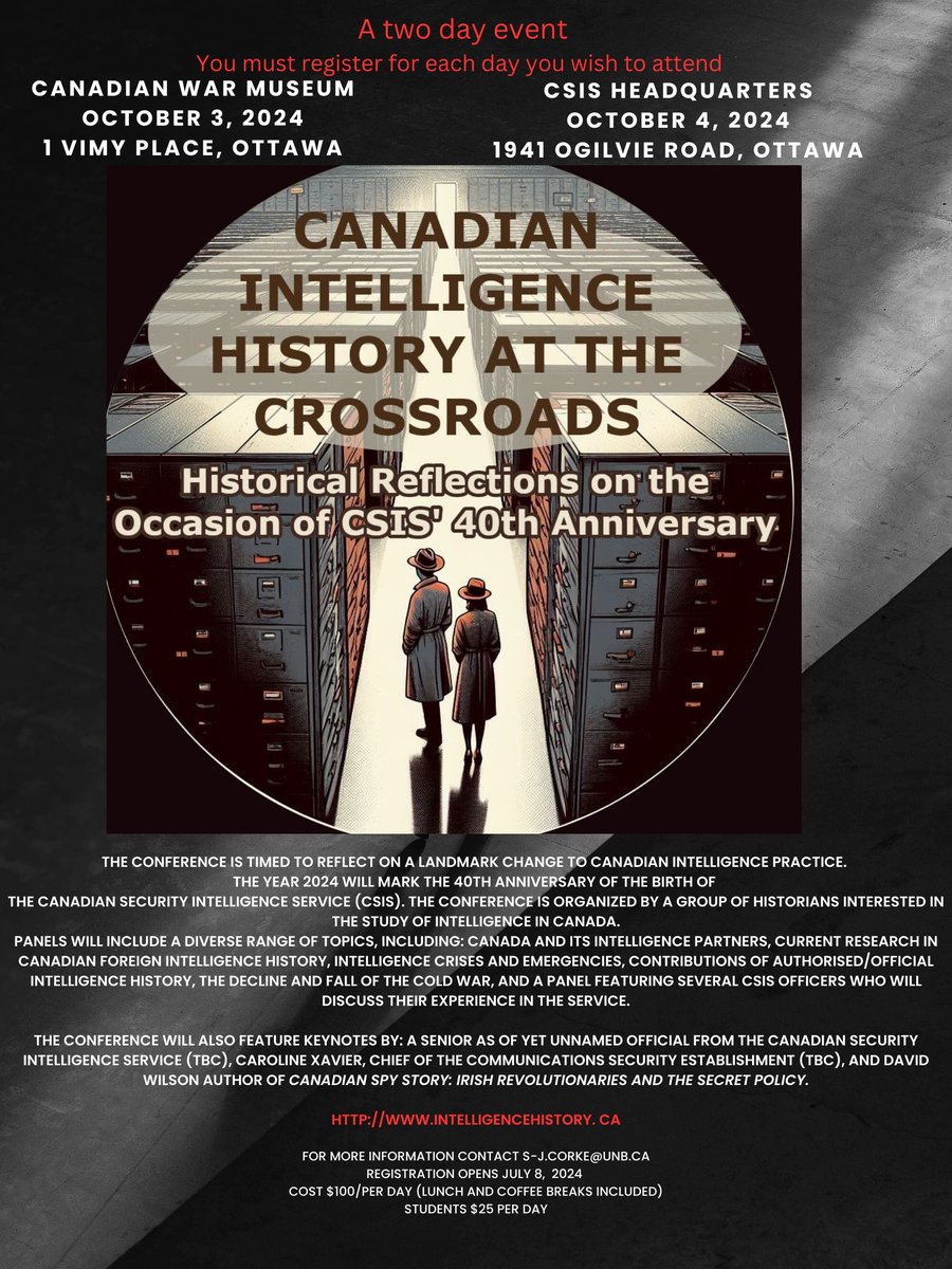 Steve Hewitt 🇨🇦 (@stevehewittuk) on Twitter photo A special 2-day event devoted to Canadian intelligence history will take place in Ottawa on 3-4 Oct. Featuring <a href="/regwhit1/">Reg Whitaker</a> <a href="/tylerwentzell/">Tyler Wentzell</a> Sarah-Jane Corke, @maria_robsonM, <a href="/gkealey/">Greg Kealey</a>, <a href="/wesleywark1/">Wesley Wark</a> , @matthewswiseman, and many more. For more info/to register: intelligencehistory.ca A special 2-day event devoted to Canadian intelligence history will take place in Ottawa on 3-4 Oct. Featuring <a href="/regwhit1/">Reg Whitaker</a> <a href="/tylerwentzell/">Tyler Wentzell</a> Sarah-Jane Corke, @maria_robsonM, <a href="/gkealey/">Greg Kealey</a>, <a href="/wesleywark1/">Wesley Wark</a> , @matthewswiseman, and many more. For more info/to register: intelligencehistory.ca
