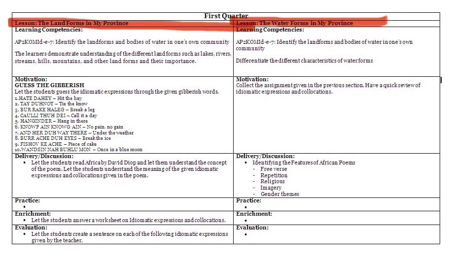 TayLends's tweet photo. LF COMMISSIONER

Lesson Plan like this in CIVICS 3 (this is the araling panlipunan but in English) 
Topic: Landforms and Water forms 

ito yung format

drop your price. budget meal sana. need rin tonight. https://t.co/fdk3IwY6Rw
