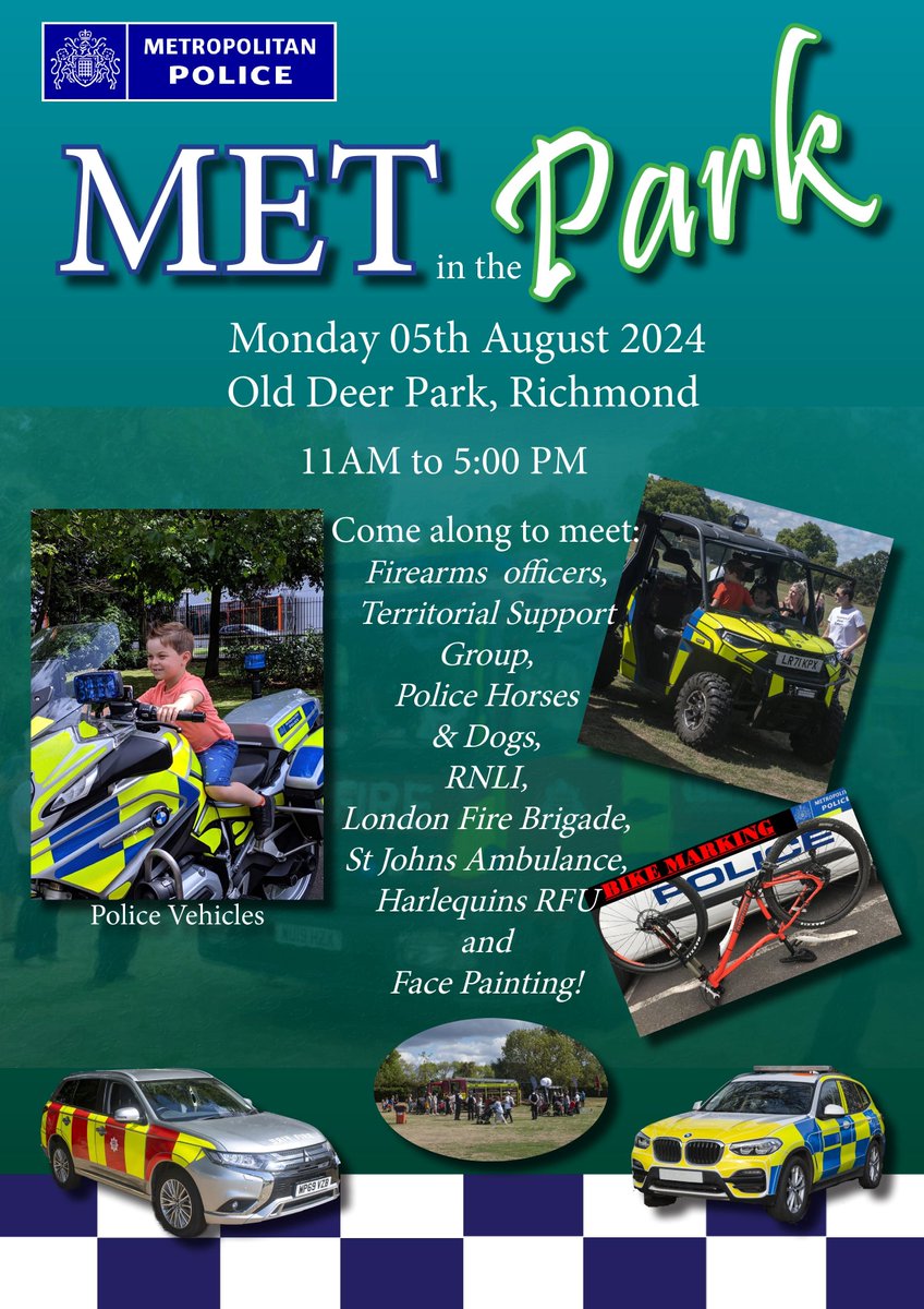 Come and meet the teams at our annual event!

Monday 05th Aug 24
Old Deer Park, Richmond
11AM to 5:00 PM

Come along to meet:
Police teams, horses, and dogs alongside the RNLI,  Fire Brigade, St Johns Ambulance, and Harlequins RFU!