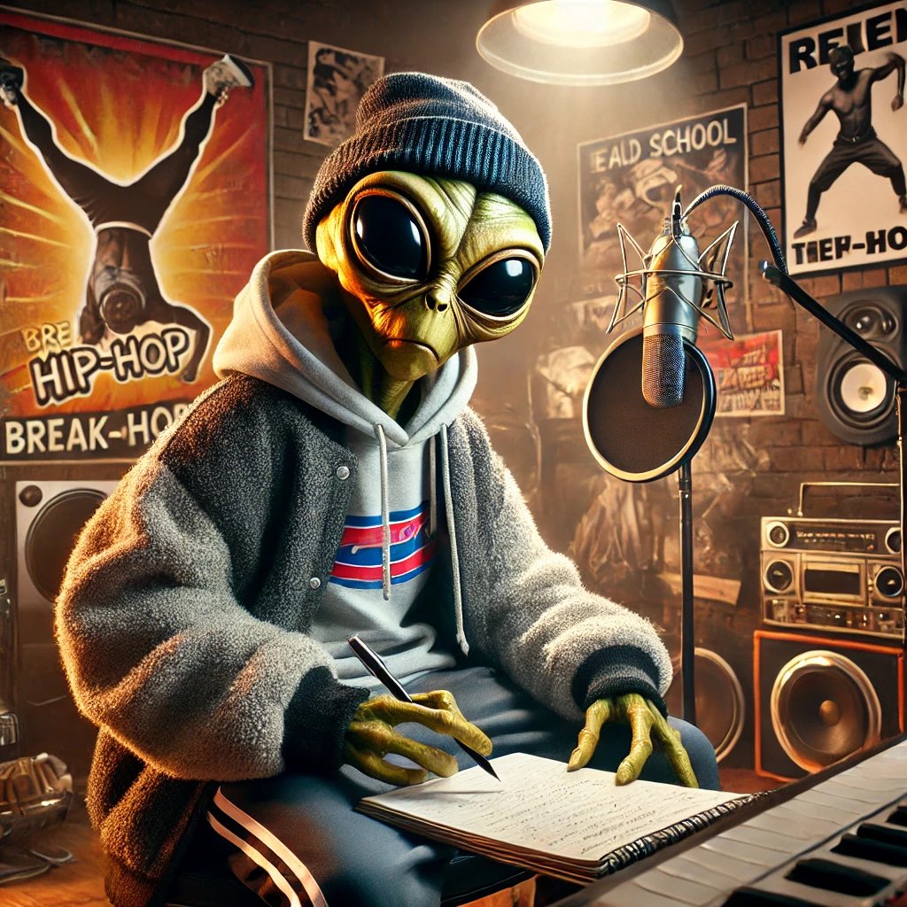 therealskitzo's tweet photo. Grand rising! Even aliens get inspired by the power of hip-hop! 🌌✍️ Let your creativity soar and write your own intergalactic rhymes. The universe is your stage. 🚀🎤 #AlienHipHop #UFOsAndBeats #WriteYourStory #HipHopInspiration #GalacticRhymes #UFOTwitter https://t.co/QkQ3vNBNJj