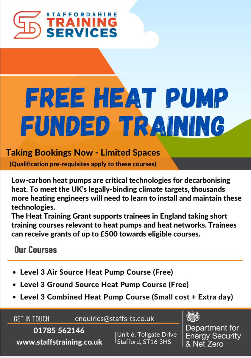 For those within reach of Stafford, Staffordshire Training Services Limited offers a selection of fully funded Level 3 Accredited Air or Ground Source Heat Pump Courses. Availability is limited, so act quickly!