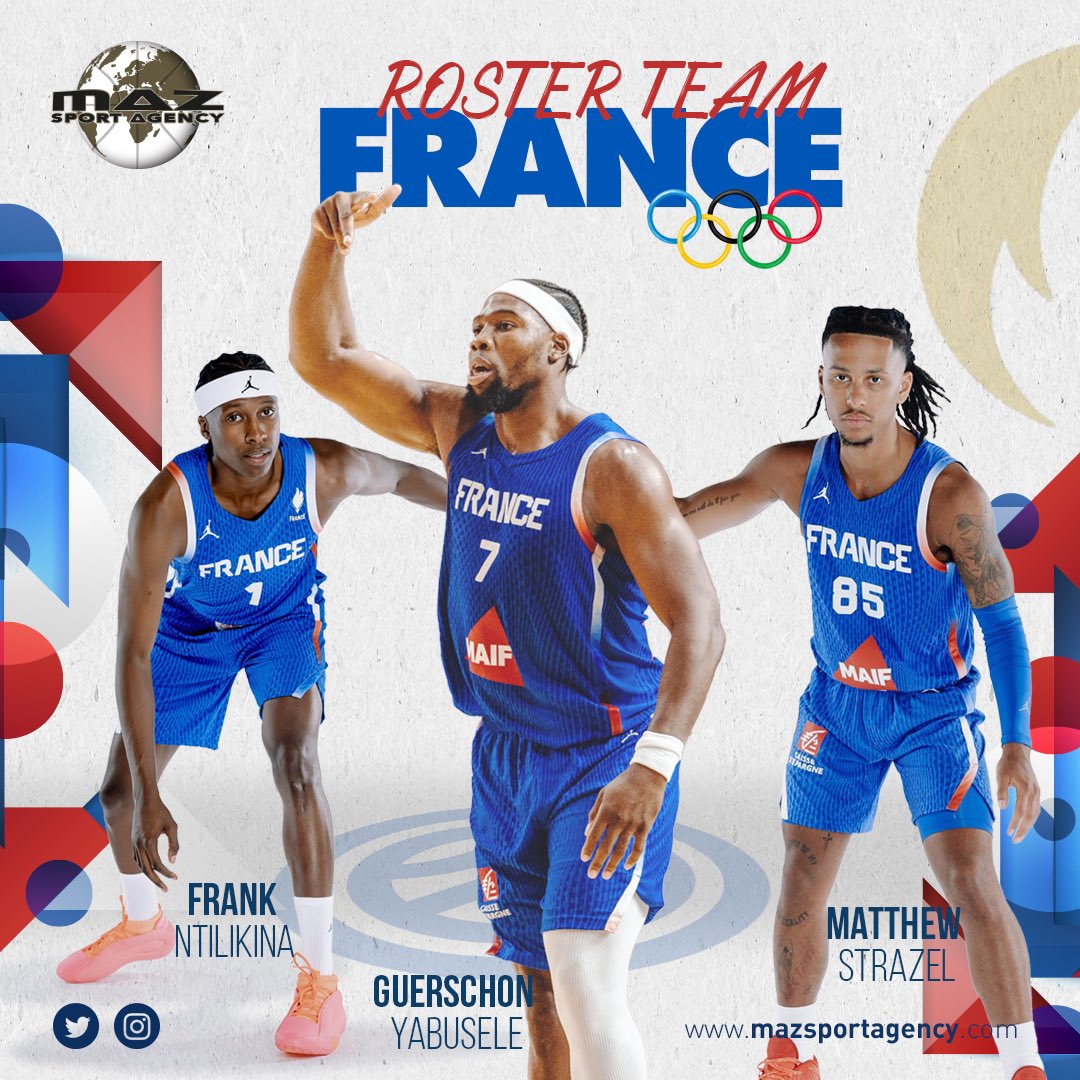 Quelle fierté pour l’agence de représenter 3 joueurs de <a href="/FRABasketball/">Équipes de France de Basket</a> pour les <a href="/jeuxolympiques/">Jeux Olympiques</a> de Paris 2024! Médaillés aux derniers JO de Tokyo, <a href="/yabusele28/">Guerschon Yabusele</a> &amp; <a href="/FrankLikina/">Frank Ntilikina</a> seront accompagnés de <a href="/mtwbucket32/">Matthew STRAZEL</a> pour sa première campagne officielle! #TeamFranceBasket #Mazsportagency