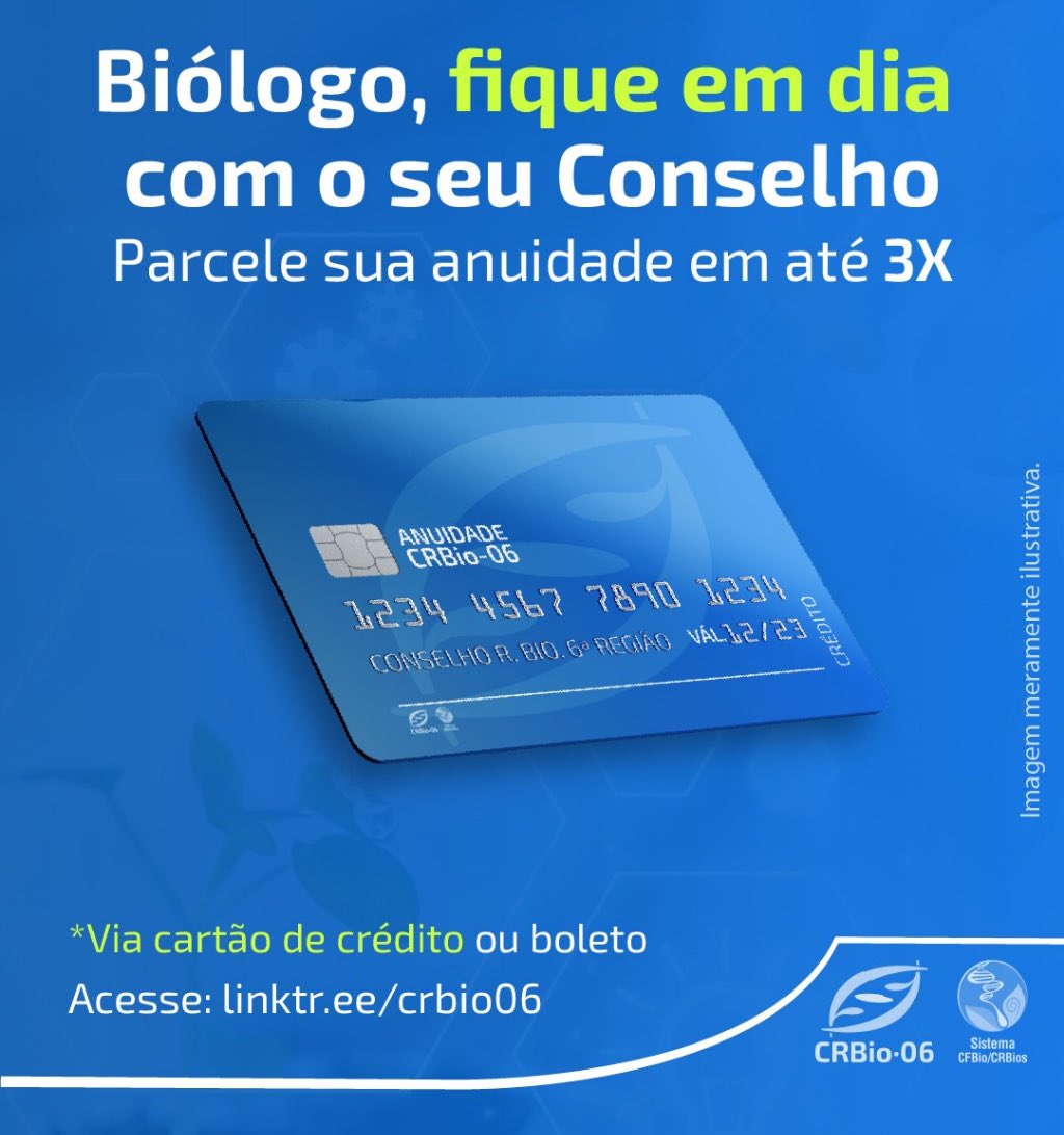 CRBio06's tweet photo. Biólogo, fique em dia com o seu Conselho! Para facilitar o processo, agora você pode parcelar sua anuidade em até 3 vezes, seja por cartão de crédito ou boleto bancário.

Parcele aqui: https://t.co/ZlyAAL6Isu https://t.co/SbxLVyuWjq