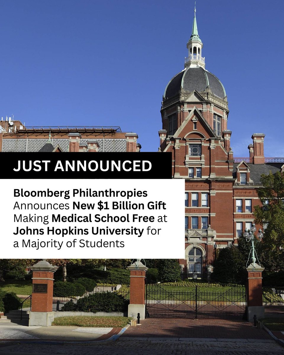 Bloomberg Philanthropies (@bloombergdotorg) on Twitter photo We’re gifting $1 billion to <a href="/JohnsHopkins/">Johns Hopkins University</a> to cover the cost of tuition for medical students from families earning under $300,000 a year – which represents 95 percent of all Americans. Building on our work to increase U.S. life expectancy, this gift will also increase financial We’re gifting $1 billion to <a href="/JohnsHopkins/">Johns Hopkins University</a> to cover the cost of tuition for medical students from families earning under $300,000 a year – which represents 95 percent of all Americans. Building on our work to increase U.S. life expectancy, this gift will also increase financial
