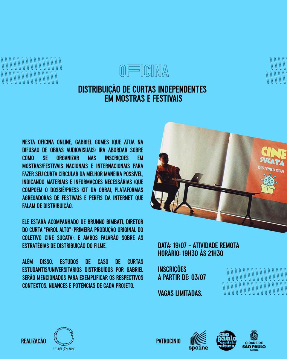 gabriel gomes (@gabrielg_mac) on Twitter photo Dia 19/07 (sexta) às 19h30, eu e <a href="/fistfulofbimbas/">Brunno Bimbati</a> (do <a href="/cinesucata/">Cine Sucata</a>) iremos ministrar uma oficina online sobre "distribuição de curtas independentes em mostras e festivais". As inscrições podem ser feitas pelo link: bit.ly/oficina-distri… Dia 19/07 (sexta) às 19h30, eu e <a href="/fistfulofbimbas/">Brunno Bimbati</a> (do <a href="/cinesucata/">Cine Sucata</a>) iremos ministrar uma oficina online sobre "distribuição de curtas independentes em mostras e festivais". As inscrições podem ser feitas pelo link: bit.ly/oficina-distri…