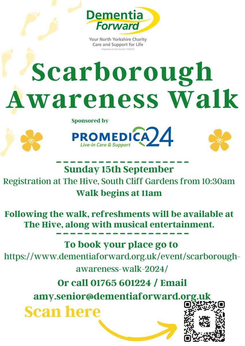 Join <a href="/dementiaforward/">Dementia Forward</a> for their Scarborough Awareness Walk on Sunday 15th September!

Registration at The Hive, South Cliff Gardens from 10:30am, walk begins at 11am

Following the walk, refreshments will be available.

To book your place go to dementiaforward.org.uk/event/scarboro…