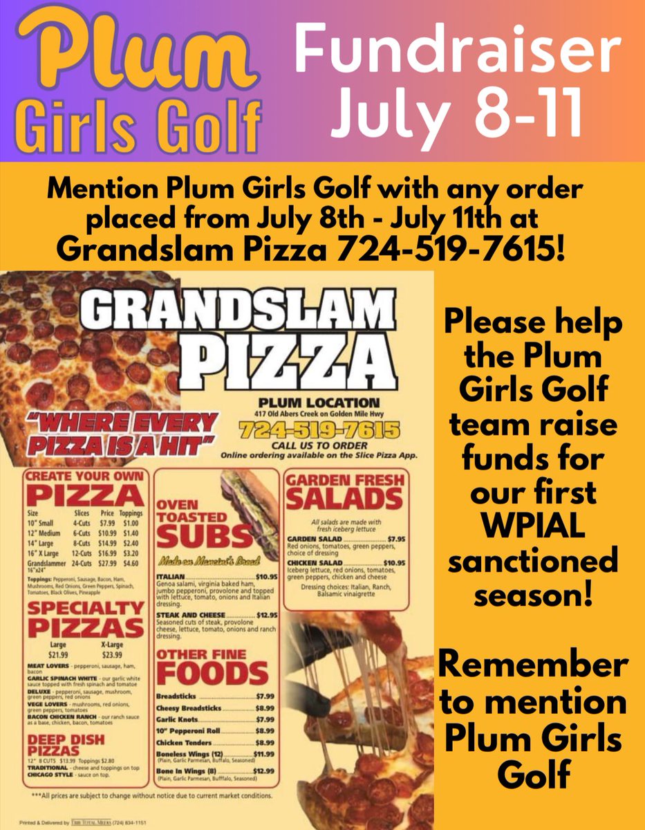 Help support the Plum Girls Golf team this week be mentioning them when you order at Grandslam pizza this week! <a href="/PlumAthletics/">Plum Athletics</a>