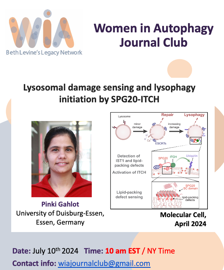 WAutophagy's tweet photo. ALMOST THERE NOW!!!
 JULY 10th, 10 am EST. JOURNAL CLUB featuring Dr. Pinki Gahlot. "Lysosomal damage sensibg and lysophagy inititation by SPG20-ITCH" Contact us: wiajournalclub@gmail.com 
We hope many of you will come!!! https://t.co/ZZiOJaq7yt