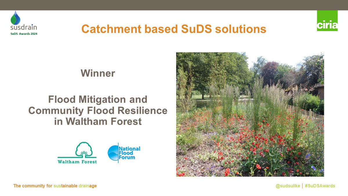 Sudsulike's tweet photo. Our final category is Catchment based SuDS solutions. Our winner is..
Flood Mitigation and Community Flood Resilience in Waltham Forest @wfcouncil congrats! #SuDSAwards #sudsmakesense https://t.co/1tQLhmCgkx