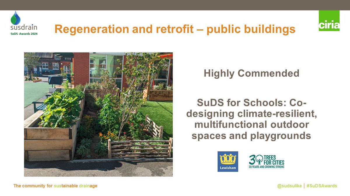 Sudsulike's tweet photo. Our highly commended Regeneration and retrofit – public buildings project is SuDS for Schools: Co-designing climate-resilient, multifunctional outdoor spaces and playgrounds London Borough of Lewisham @LewishamCouncil #SuDSAwards https://t.co/y5I92GWrQM