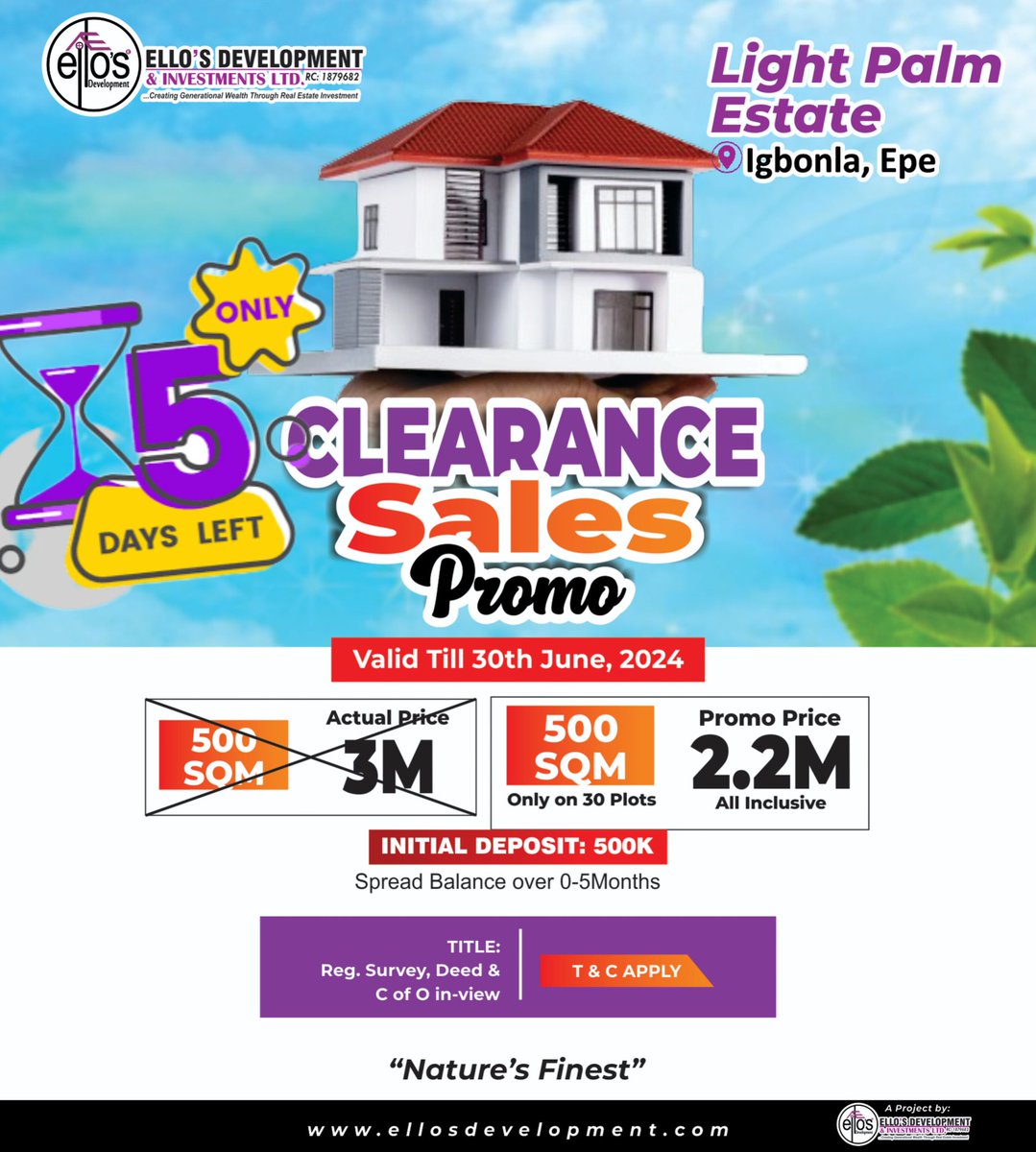 5 days Remaining our clearance sale promo ends on the 30th of JUNE 2024. This is the time to grab as many plots as possible with just N500,000 initial deposit.

Light Palm Estate is Nature's Finest in Epe, with a mixture of Aquatic Splendor and Green Vegetation. CALL 08033330316