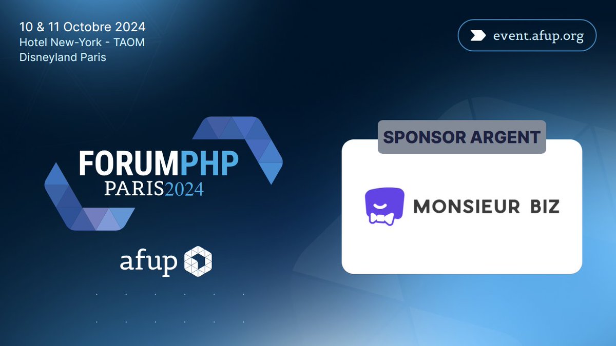 La quasi-totalité de l'équipe de Monsieur Biz sera au Forum PHP les 10 et 11 octobre 2024 !

C'est Le RDV de l'<a href="/afup/">AFUP</a> à ne pas manquer !

event.afup.org