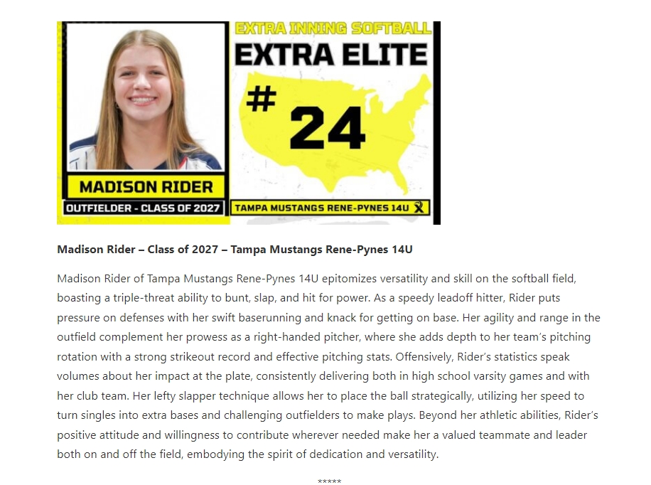 Thank you <a href="/ExtraInningSB/">EXTRA INNING SOFTBALL</a> for the recognition! Grateful to be considered among some of best athletes across the nation! <a href="/MustangsPynes27/">Tampa Mustangs Rene- Pynes 16U</a> <a href="/MustangsRene/">Tampa Mustangs Rene</a> <a href="/SoftballDown/">Down South Softball</a> <a href="/TopPreps/">TOP PREPS - Free Sports News, Videos & Information</a> <a href="/scan1ansports/">ꜱᴄᴀɴʟᴀɴ ꜱᴘᴏʀᴛꜱ™️</a> <a href="/Coach_Alameda/">Lonni Alameda</a> <a href="/TCam_FSUSB/">Troy Cameron</a> <a href="/FSU_CoachWilson/">Travis Wilson</a> <a href="/rittmanjohn/">John Rittman</a> <a href="/KarenWeekly/">Karen Weekly</a> <a href="/whitjones25/">Whitney Jones</a>