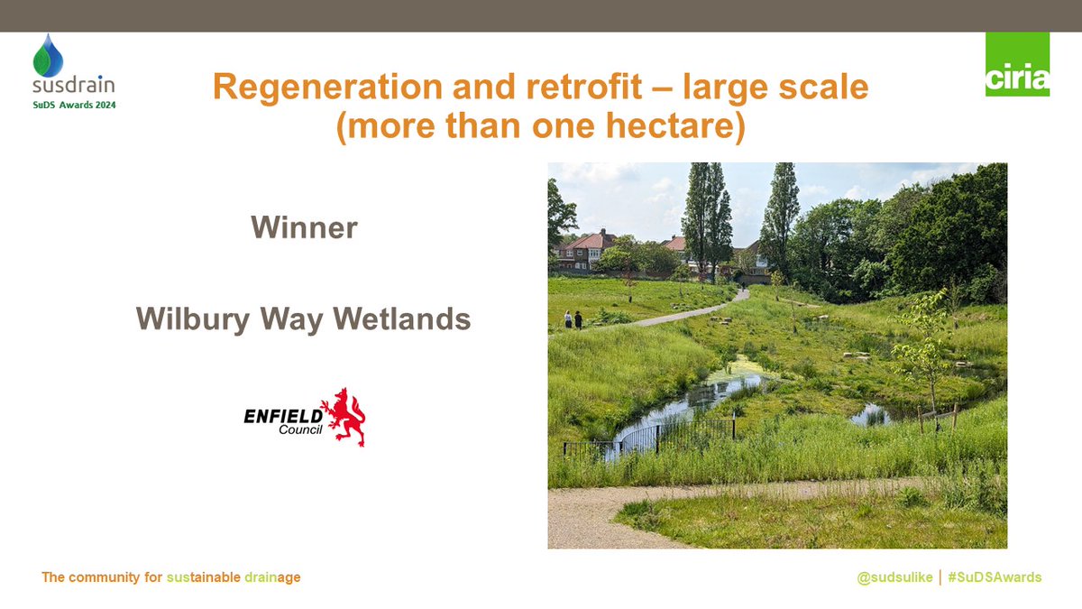 Sudsulike's tweet photo. Next up Regeneration and retrofit – large scale (more than one hectare). Our winner is..

Wilbury Way Wetlands @EnfieldCouncil – congratulations! 

#SuDSAwards #sudsnotduds https://t.co/IWgROgRuLL