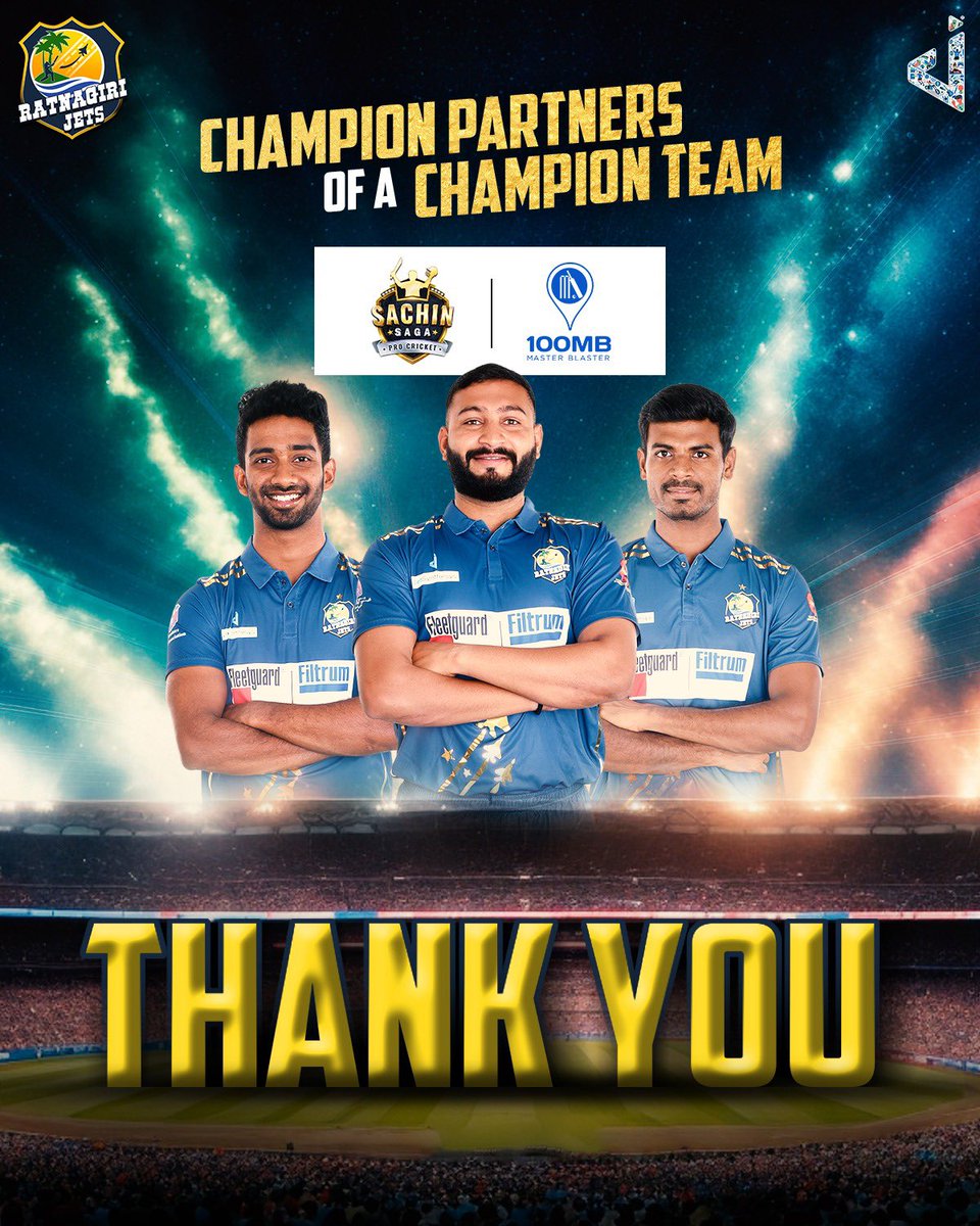 Endless gratitude to <a href="/SachinSagaGame/">Sachin Saga Cricket Game</a> &amp; <a href="/100MasterBlastr/">100MB</a> for continuously supporting us. 

Your backing has driven our success! 🚀

#RatnagiriJets #AataItihaasGhadel #GoJets #Cricket #SachinSaga #100MB #Partnership #MPL #MPL2024