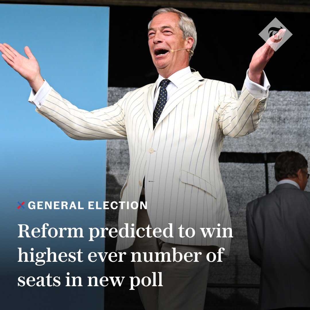 Telegraph's tweet image. 🔴 A new poll has predicted that Reform UK will win 18 seats at the general election, the highest forecast for the party to date

The MRP poll predicted that Nigel Farage, Richard Tice and Lee Anderson will all win seats 

Follow the latest 👇
telegraph.co.uk/politics/2024/…
