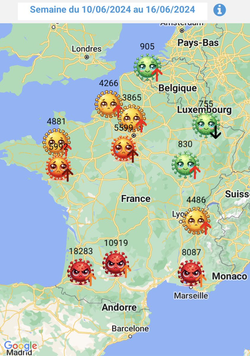 MeteoCOVIDApp's tweet photo. La circulation du #COVID19 continue d'augmenter, surtout dans le Sud.

3 villes sont en circulation très élevée : Lescar, Toulouse et maintenant Marseille 😭.

Le Nord-Est de la France reste préservé en comparaison. https://t.co/hGsGfYaQzy