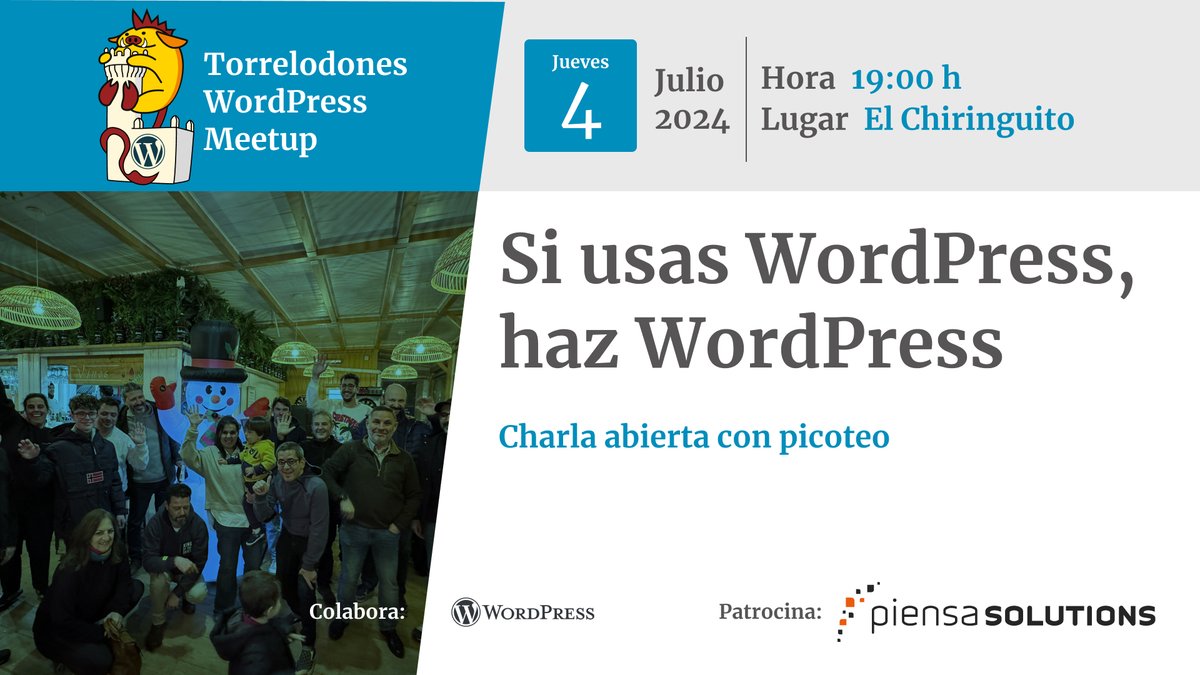 Si usas WordPress, haz WordPress.

Última Meetup de la temporada en WordPress Torrelodones.

¡Apúntate, que después tenemos picoteo, gracias a <a href="/piensasolutions/">piensasolutions.com</a>! 

meetup.com/torrelodones-w…
