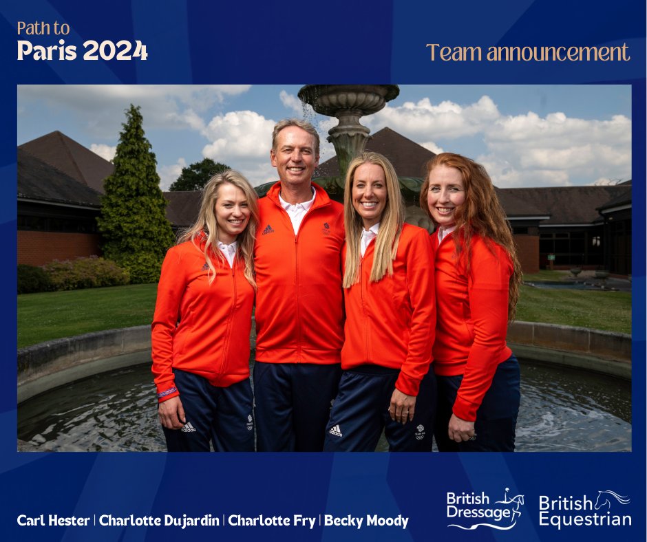 britishdressage's tweet image. Four riders, four horses, one team, one dream ✨

Presenting your dressage team for @Paris2024! 

Read the full announcement 👉 bit.ly/BDParis-TeamGB

#PathToParis #Paris2024 #Equestrian #Dressage @FEI_Global @TeamGB