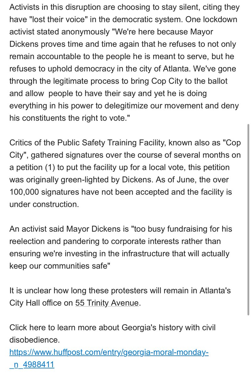 BREAKING: Activists have occupied the Mayor’s office in Atlanta