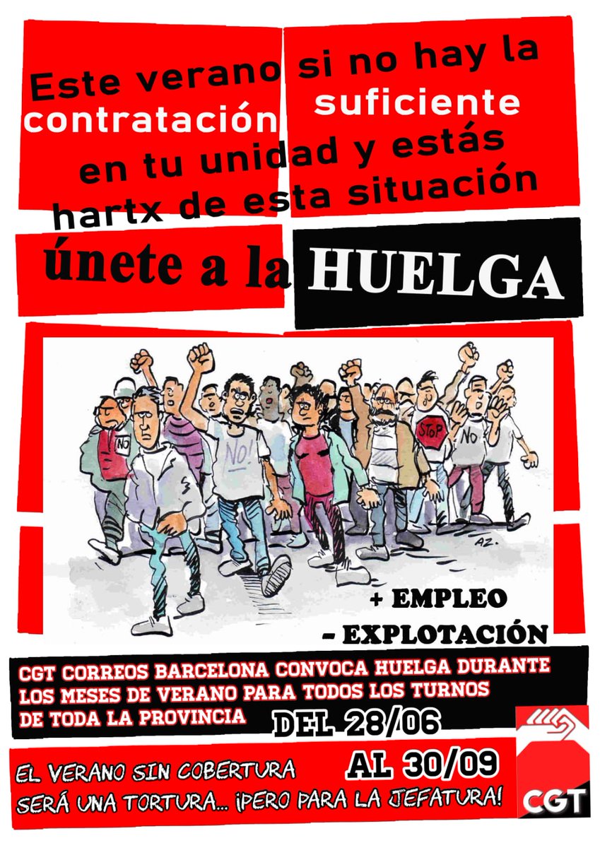 🔴⚫️ CGT CONVOCA HUELGA EN LA PROVINCIA DE BARCELONA DURANTE TODO EL VERANO, DEL 28/06 AL 30/09.

PARA TODA LA JORNADA,
EN TODOS LOS TURNOS.

🗓️ VIERNES 28 DE JUNIO, CONCENTRACIÓN 📢
🕛 A LAS 12H
📍 C/ ANGEL BAIXERES (DETRÁS DE LA OP DE CORREOS EN BARCELONA) 

🏴🏴🏴🏴