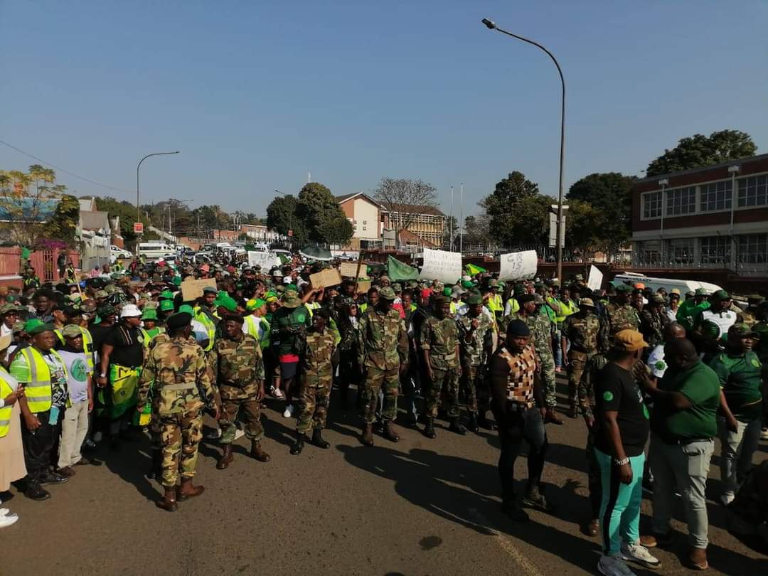 MkhontoweSizwex's tweet photo. The MK Party protesters outside the Pietermaritzburg court, where an IEC official appeared as a suspect regarding tempering with ballots. https://t.co/086NUY3dof