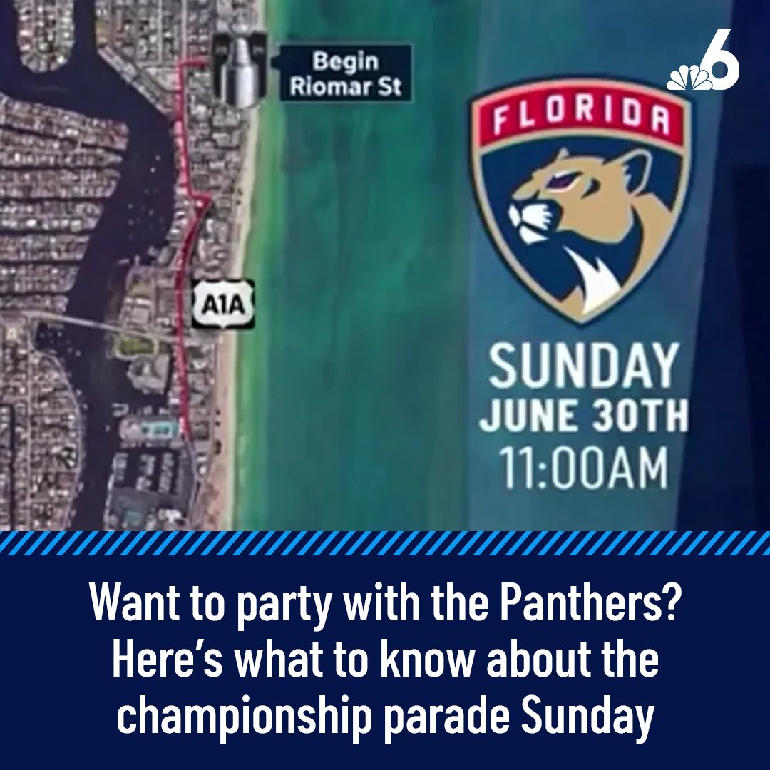 nbc6's tweet photo. The Florida Panthers are ready to party! 😸🏆️ The franchise announced that the Panthers will be hosting their Championship Celebration on Sunday, June 30 at 11 a.m. in Fort Lauderdale, after their historic Stanley Cup win. Here's what to know: https://t.co/MiNNPtnFdw https://t.co/R2CGJ3JByB