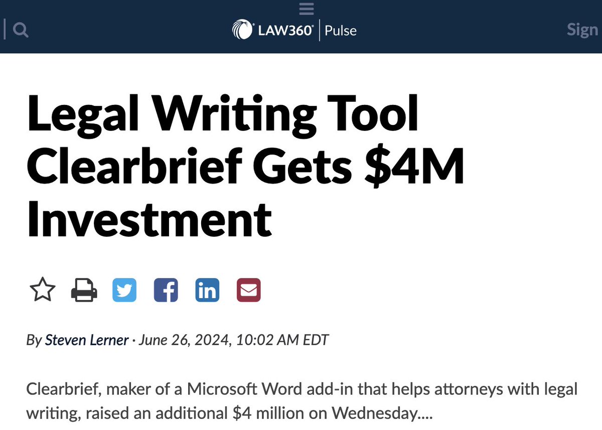 Happy to announce <a href="/Clearbriefai/">Clearbrief</a> has taken in an additional $4M of capital to keep up with the demand from law firms and in-house customers! Excited to be working with new investors Authentic Ventures, <a href="/HowWomenInvest/">How Women Invest</a> and <a href="/wilsonsonsini/">Wilson Sonsini</a> as well as our existing investors who