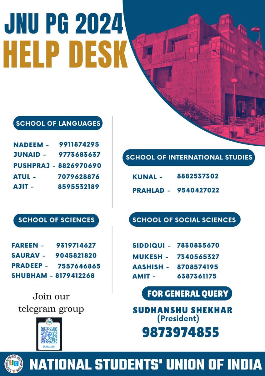 jnu_nsui_'s tweet photo. JNU NSUI is excited to welcome newcomers to the university! Below are the helpdesk assistance contact numbers for various schools. Feel free to reach out with any questions or queries regarding admissions.
#JNU2024
#assistence https://t.co/ec9DECMCpI
