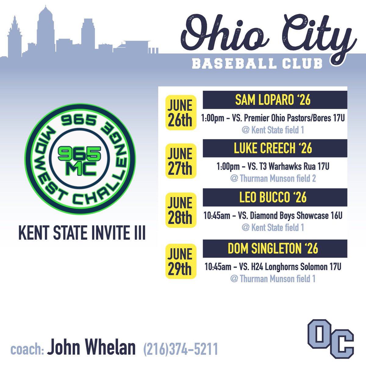 Ohio City Baseball Club (@ocbc2026) on Twitter photo Pitching rotation is set for the Kent State Invitational lll starting today. Let’s gooooo, OCBC!
<a href="/965MCTourneys/">Midwest Challenge</a> <a href="/965MWC_Scouting/">Midwest Challenge Tournaments Scouting Coverage</a> <a href="/KentStBaseball/">Kent State Baseball</a> <a href="/sam_lo10/">Sam LoParo</a> <a href="/LeoB2026/">Leo Bucco</a> <a href="/LukeCreech1234/">Luke</a> <a href="/DominicSingle10/">Dominic Singleton</a> Pitching rotation is set for the Kent State Invitational lll starting today. Let’s gooooo, OCBC!
<a href="/965MCTourneys/">Midwest Challenge</a> <a href="/965MWC_Scouting/">Midwest Challenge Tournaments Scouting Coverage</a> <a href="/KentStBaseball/">Kent State Baseball</a> <a href="/sam_lo10/">Sam LoParo</a> <a href="/LeoB2026/">Leo Bucco</a> <a href="/LukeCreech1234/">Luke</a> <a href="/DominicSingle10/">Dominic Singleton</a>
