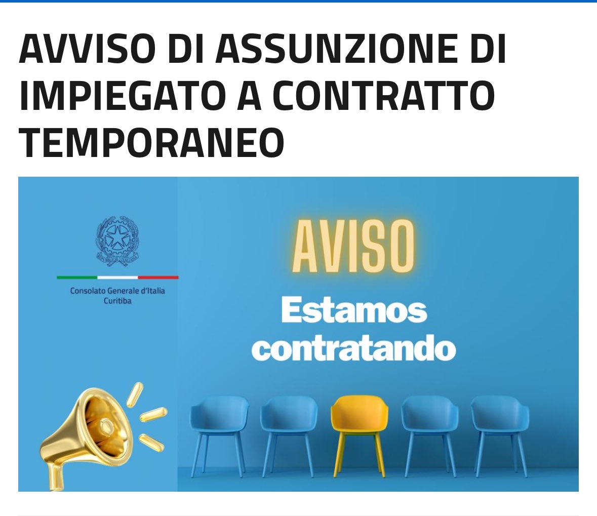 Edital de seleção para a contratação de n ° 1 funcionário para os serviços de Colaborador Administrativo, com contrato a termo certo de 6 meses (possivelmente renovável apenas uma vez) no Balcão Consular de Florianópolis-SC.

conscuritiba.esteri.it/pt/news/dal_co…