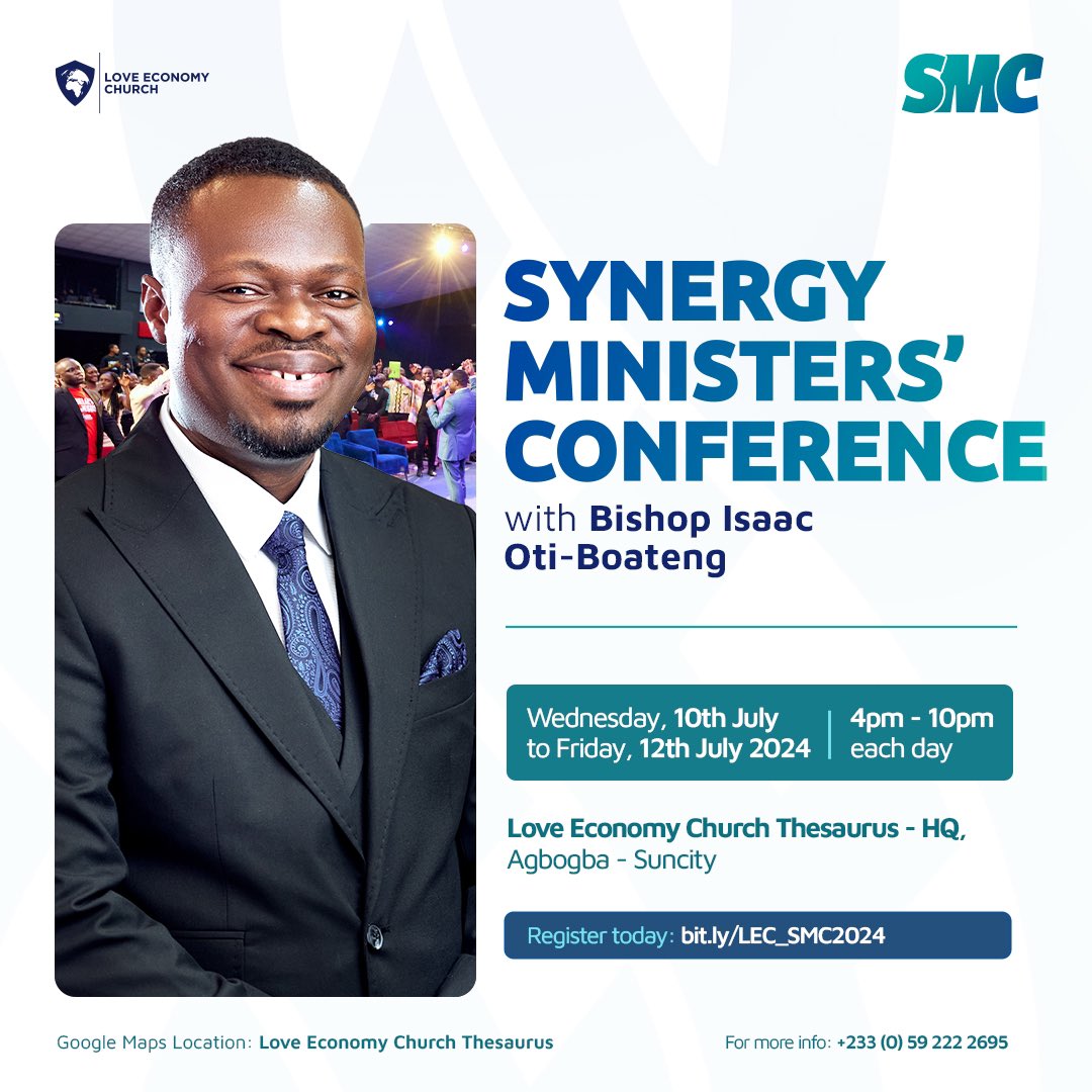BishopIsaacOti's tweet photo. 🎉The maiden edition of Synergy Ministers’ Conference (SMC) is here, and you are specially invited!🥰

“And they went forth, and preached every where, the Lord working with them, and confirming the word with signs following. Amen.” Mark 16:20 KJV💫 https://t.co/YxIOXD19Rn