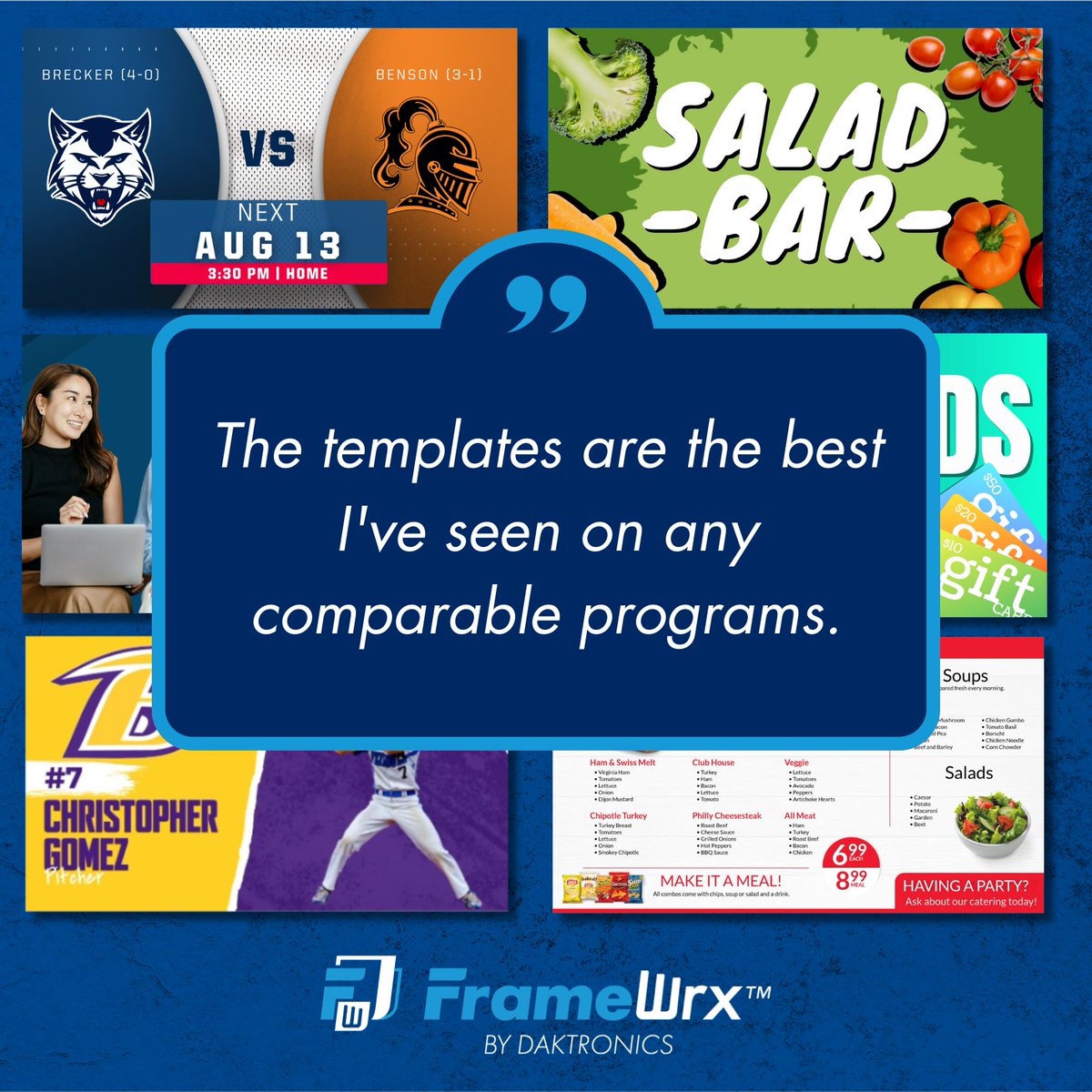 Interested in improving your business or school's social media &amp; digital display content? From game-day packages to restaurant menus, #FrameWrx has hundreds of customizable templates. Learn more: ow.ly/W01J50SosO1 #LEDSigns #DakDisplays #DigitalAdvertising