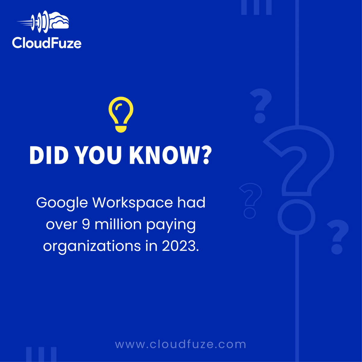 CloudFuze's tweet image. Did You Know? Google Workspace had over 9 million paying organizations in 2023.  

Source: ow.ly/3e3A50Sp55f  

#didyouknow #cloudmigration #cloudstoragemigration #GoogleWorkspace #CloudFuze