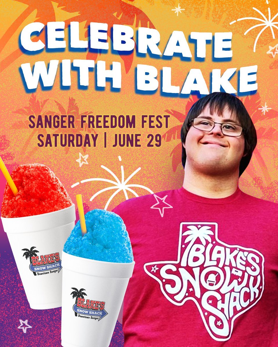 Join Blake in bringing the BOOM at #SangerFreedomFest this Saturday! If there’s anything we love more than snow cones, it’s celebrating with our friends and family with fireworks and fun🎆 See you there!