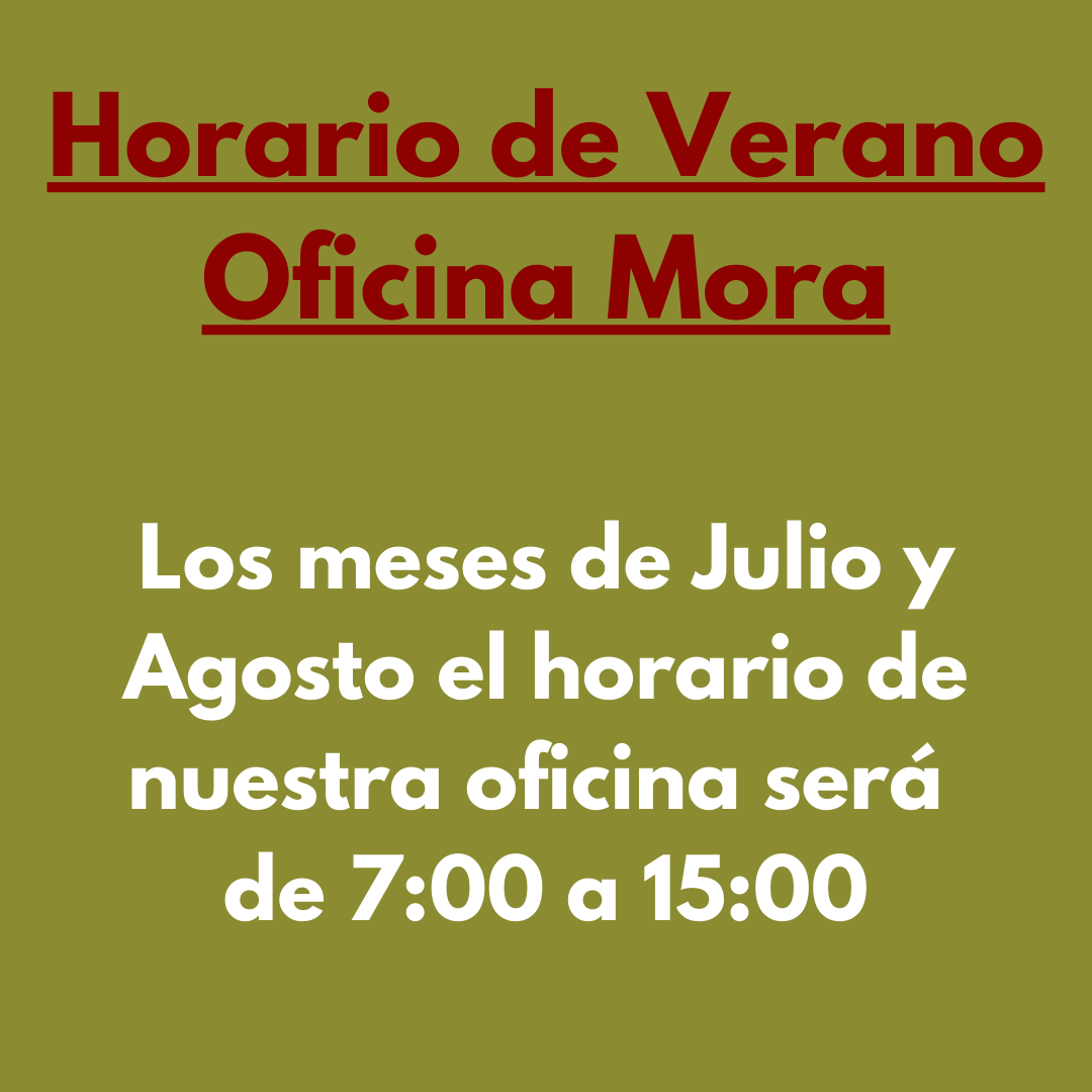 ¡HORARIO DE VERANO!🏖️☀️

Durante los meses de Julio y Agosto el horario de nuestra oficina de Mora será de 7:00 a 15:00