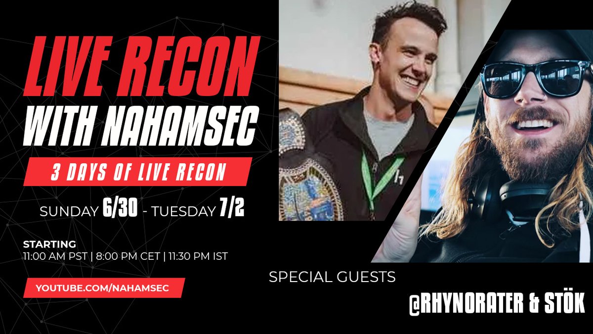 NahamSec's tweet image. 📢 The OG Live Hacking &amp;amp; Recon streams are coming back! Starting this Sunday with 3 days of back to back hacking. 

Drop your targets in the reply and let&apos;s get to hacking! 🫡