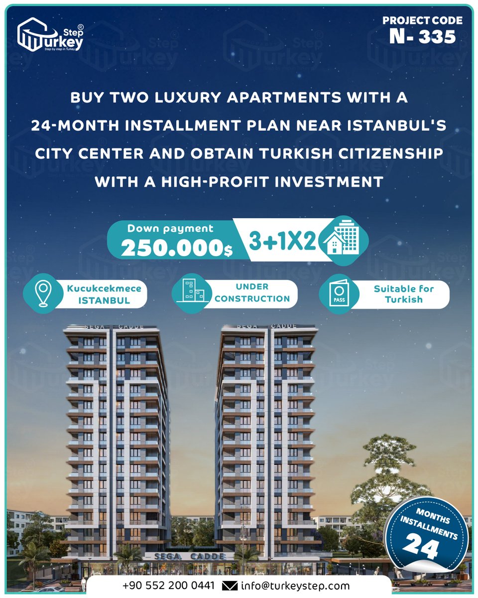TurkeyStep's tweet image. Buy two luxury apartments with a 24-month installment plan near Istanbul's city center and obtain Turkish citizenship with a high-profit investment.
📷 2 X 3+1 flat
📷 Down payment : 250.000$ .
📷 24-month installment
📷  kucukcekmece  istanbul .
00905522000441
00905522000442