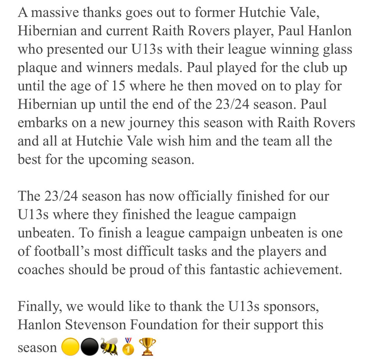 Hutchie_Vale's tweet photo. U13’s League Presentation 🥇🏆
Please see the article 👇 on the U13’s league presentation and which former Hutchie Vale player presented them with their league winning glass plaque and winners medals 🟡⚫️🐝🥇🏆
#league #presentation #seryfa https://t.co/BBL1zi7U5O