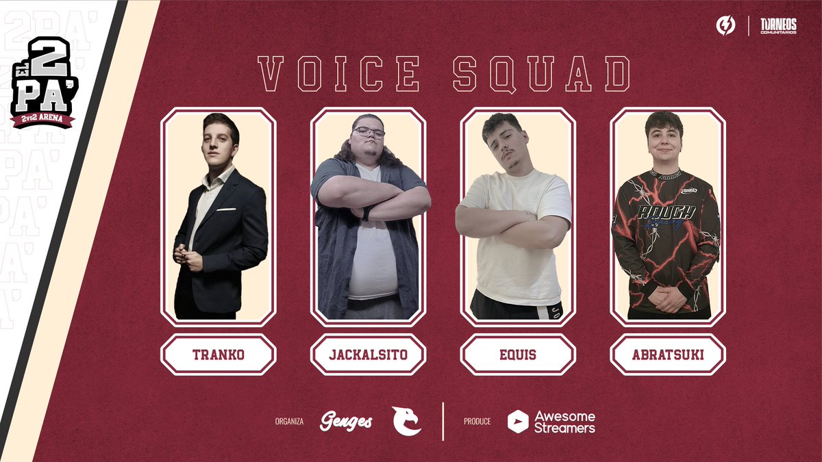 Awesome Streamers (@astreamers) on Twitter photo Mucho cuidado que ya viene nuestra squad de comentaristas para #El2pa. 🎙️
Este fin de semana nos acompañarán:
🔸 <a href="/Danyo_Tranyo/">Fuck It We Ball</a>
🔸 <a href="/Jackalsito/">Hairyn't Jackalsito</a>
🔸 <a href="/Equiselx/">Equis</a>
🔸 <a href="/Abratsuki/">Abra el Chuki</a>
Nos veremos en nuestro canal para ver a los mejores de la Arena 2vs2. ⚔️ Mucho cuidado que ya viene nuestra squad de comentaristas para #El2pa. 🎙️
Este fin de semana nos acompañarán:
🔸 <a href="/Danyo_Tranyo/">Fuck It We Ball</a>
🔸 <a href="/Jackalsito/">Hairyn't Jackalsito</a>
🔸 <a href="/Equiselx/">Equis</a>
🔸 <a href="/Abratsuki/">Abra el Chuki</a>
Nos veremos en nuestro canal para ver a los mejores de la Arena 2vs2. ⚔️