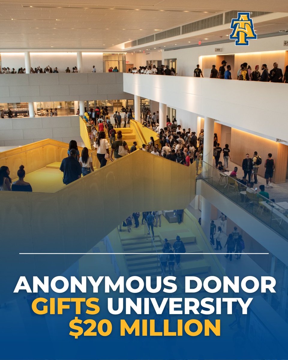 An anonymous donor has gifted $20M to #NCAT, allocated as:
🔹 $15M to scholarships
🔹$2M to establish AI endowed professorships 
🔹$2M for int'l opportunities
🔹$1M to opportunities for campus communities to interact with leaders through the ongoing Chancellor's Speaker Series⬇️