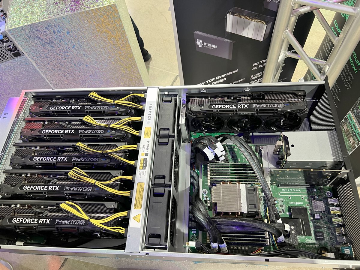 crypto_blog's tweet image. The new single AMD EPYC-based @octoserver design by @octominer available on display at @MiningDisrupt is also cool looking and good for 6x standard air cooled RTX 4090s or for more lower-end GPUs. #octoserver #gpumining #ai #octominer