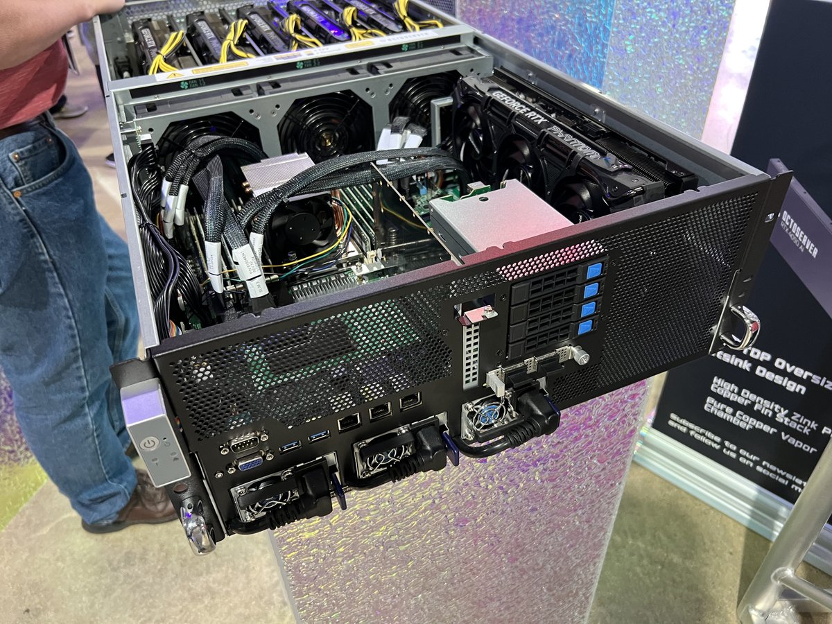 crypto_blog's tweet image. The new single AMD EPYC-based @octoserver design by @octominer available on display at @MiningDisrupt is also cool looking and good for 6x standard air cooled RTX 4090s or for more lower-end GPUs. #octoserver #gpumining #ai #octominer
