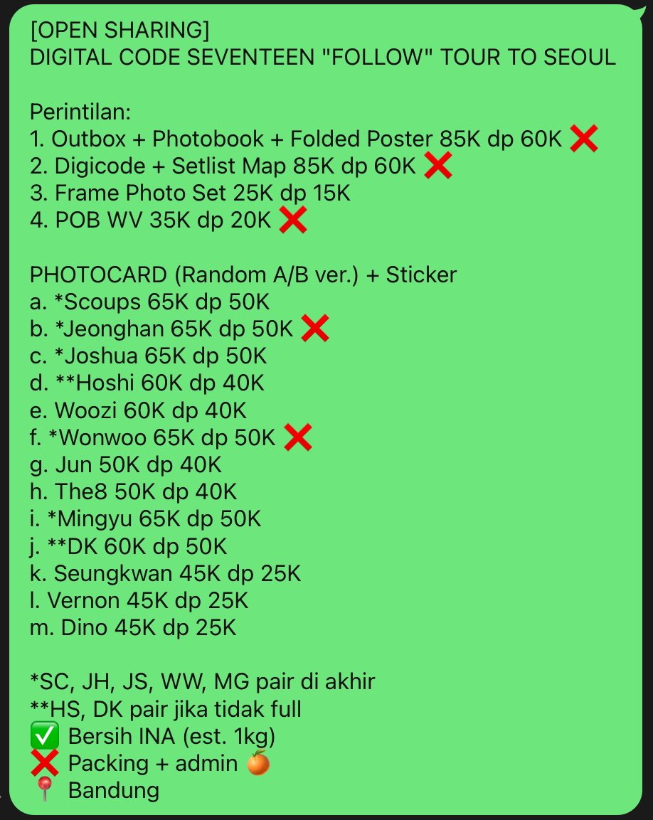 go_belvakpop's tweet photo. [OPEN SHARING] 
DIGITAL CODE SEVENTEEN "FOLLOW" TOUR TO SEOUL 

🏷 Harga ada di gambar

✅ Bersih INA (est. 1kg)
❌ Packing + admin 🍊
📍 Bandung

#SEVENTEEN #FOLLOWTOUR #FOLLOWTOSEOUL #DIGITALCODE https://t.co/gaFjzYZvl4