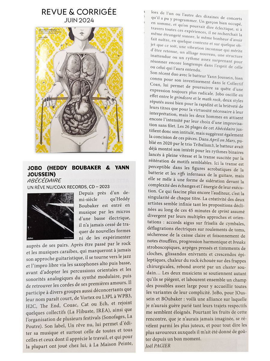 collectifcoax's tweet photo. ✏️ Belle chronique du disque '𝗔𝗯𝗲́𝗰𝗲́𝗱𝗮𝗶𝗿𝗲' 𝗱𝗲 𝗝𝗢𝗕��� (Heddy Boubaker &amp; Yann Joussein) dans le dernier numéro de 𝗥𝗲𝘃𝘂𝗲 &amp; 𝗖𝗼𝗿𝗿𝗶𝗴𝗲́𝗲 ! 

🎧Disponible chez Coax Records &amp; Un Rêve Nu :
https://t.co/aSZWPFHJzb https://t.co/h1AUZLgOeu