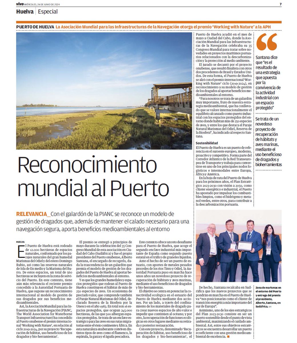 APHuelva's tweet image. 📰 @vivahuelva se hace eco la distinción #WorkingWithNature de @PIANC1 al #PuertodeHuelva 

🦩 Se reconoce nuestro proyecto de recuperación de hábitats y aves marinas, en el marco de nuestra apuesta por la convivencia de la actividad industrial con un espacio protegido